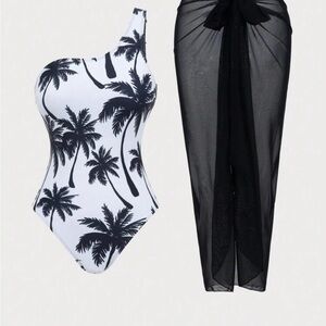 SHEIN Black & White Palm One-Shoulder One-Piece Swimsuit with Black Sarong